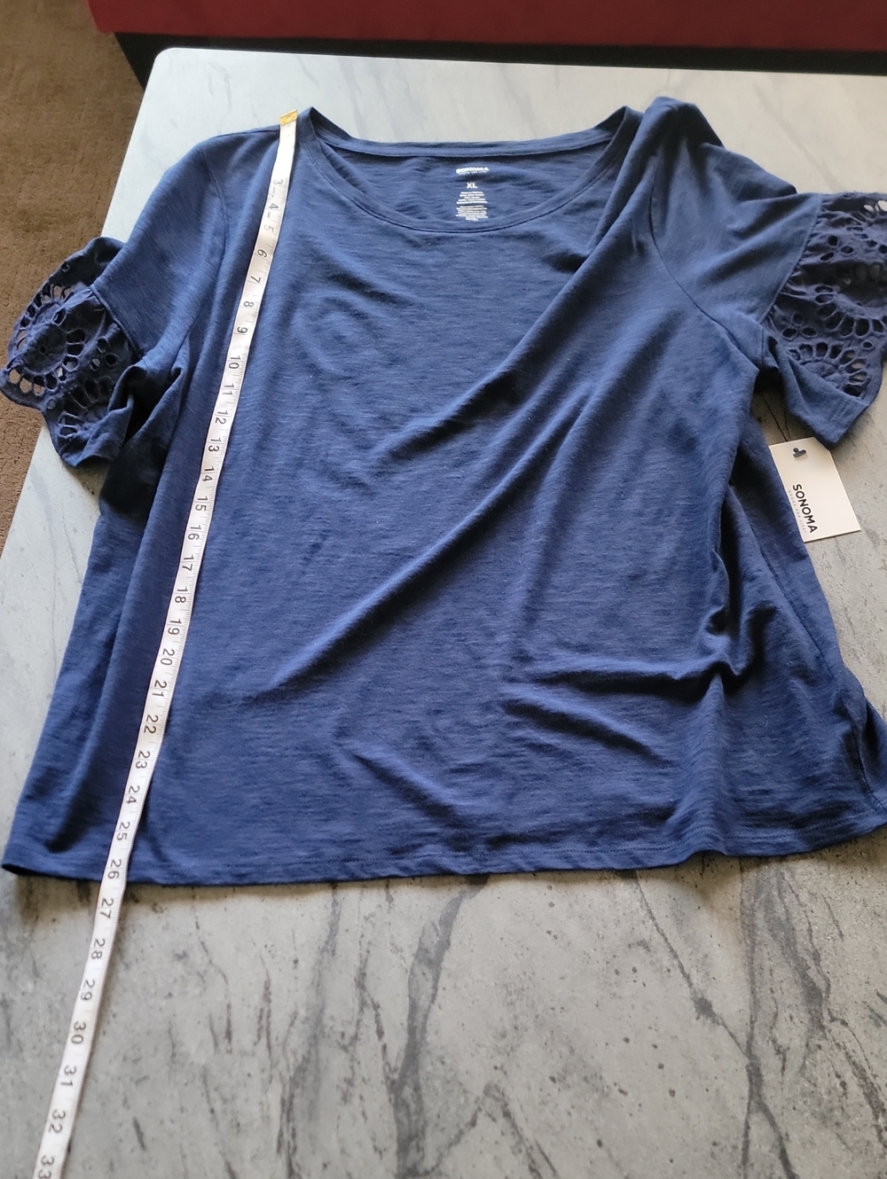SONOMA Short Sleeve Embroidered Sleeve Top Navy Blue Size XL NWT - Picture 7 of 9